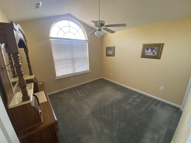 1435 Southwood Dr, Myrtle Beach, SC 29575 - interior space with ceiling fan, dark colored carpet, baseboards, and lofted ceiling