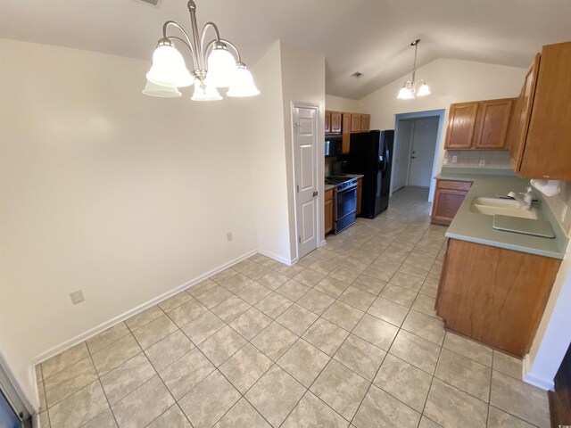 1435 Southwood Dr, Myrtle Beach, SC 29575 - kitchen featuring a notable chandelier, light tile patterned floors, black appliances, lofted ceiling, and a sink