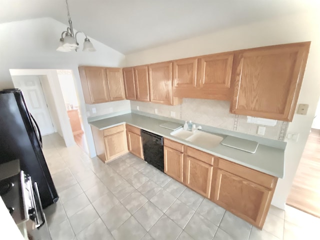 1435 Southwood Dr, Myrtle Beach, SC 29575 - kitchen with a sink, a chandelier, light countertops, lofted ceiling, and black appliances