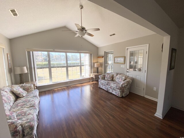 1435 Southwood Dr, Myrtle Beach, SC 29575 - living area featuring visible vents, ceiling fan, baseboards, and dark wood-style floors