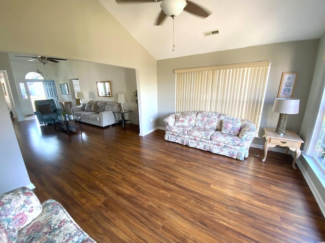1435 Southwood Dr, Myrtle Beach, SC 29575 - living room with high vaulted ceiling, visible vents, wood finished floors, and ceiling fan