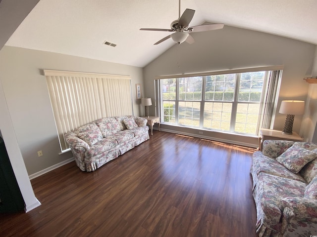 1435 Southwood Dr, Myrtle Beach, SC 29575 - living area with a ceiling fan, visible vents, wood finished floors, lofted ceiling, and baseboards