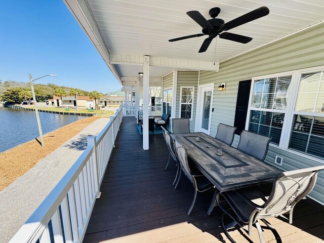 6001-G5 S Kings Hwy, Myrtle Beach, SC 29575 - wooden terrace featuring a water view, outdoor dining space, and a ceiling fan