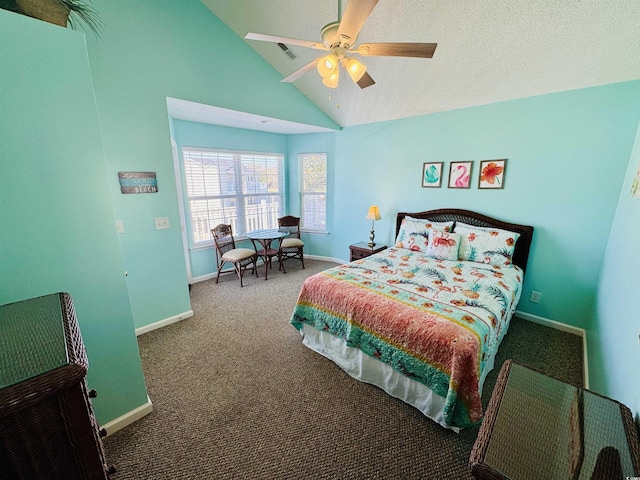 6001-G5 S Kings Hwy, Myrtle Beach, SC 29575 - bedroom featuring carpet flooring, baseboards, a ceiling fan, and high vaulted ceiling