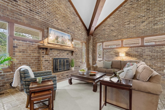5616 N Kings Hwy, Myrtle Beach, SC 29577 - living area featuring high vaulted ceiling, beamed ceiling, a fireplace, brick wall, and brick patterned flooring