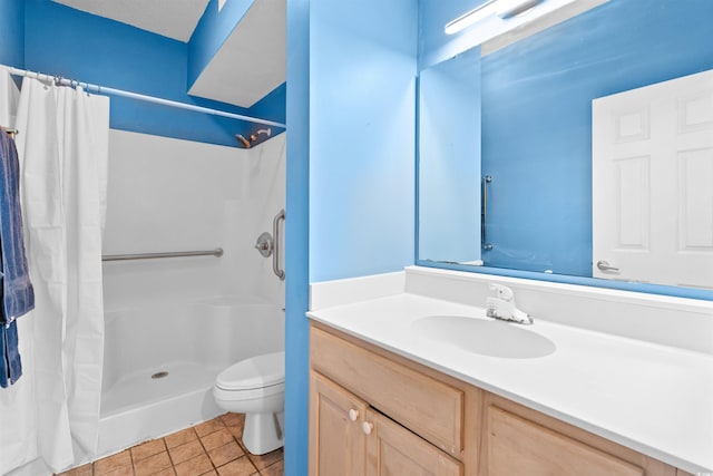 full bath with vanity, tile patterned flooring, toilet, and a shower with shower curtain