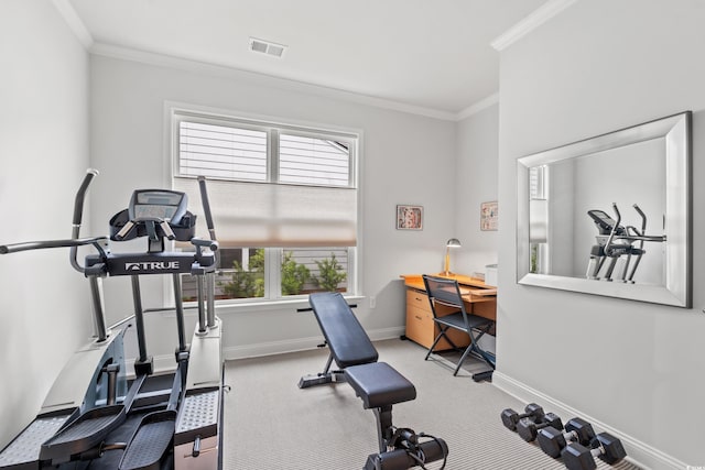 5834 Cremona Dr, Myrtle Beach, SC 29577 - workout room featuring carpet flooring, ornamental molding, and baseboards
