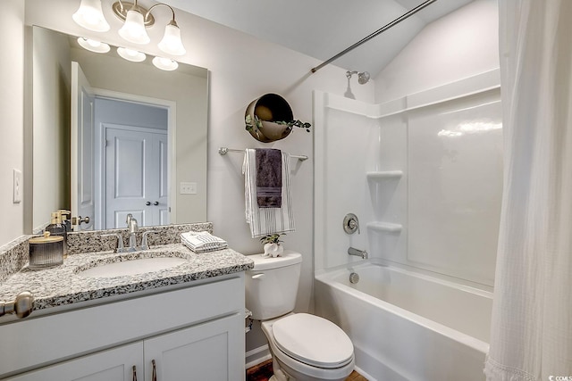 full bath featuring vaulted ceiling, toilet, vanity, and shower / tub combo with curtain