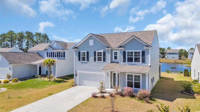 3304 Candytuft Dr, Conway, SC 29526 - traditional home with driveway, a garage, a front lawn, roof with shingles, and a water view