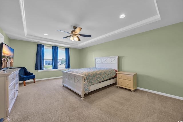 3304 Candytuft Dr, Conway, SC 29526 - bedroom with a tray ceiling, light colored carpet, a ceiling fan, and recessed lighting
