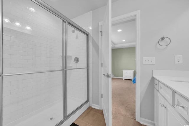 3304 Candytuft Dr, Conway, SC 29526 - bathroom with a stall shower, vanity, and tile patterned flooring