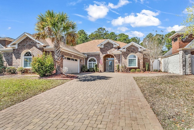 view of front facade featuring decorative driveway, a front yard, brick siding, and a garage