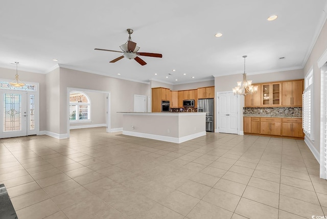 unfurnished living room featuring recessed lighting, light tile patterned flooring, baseboards, and ceiling fan with notable chandelier