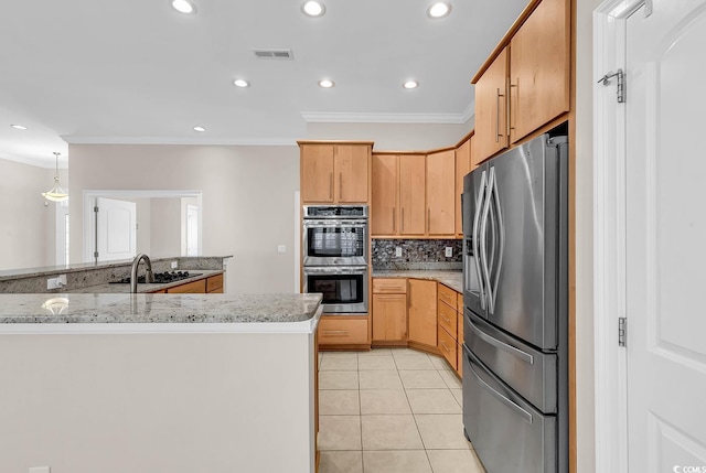kitchen with light tile patterned floors, tasteful backsplash, crown molding, visible vents, and appliances with stainless steel finishes