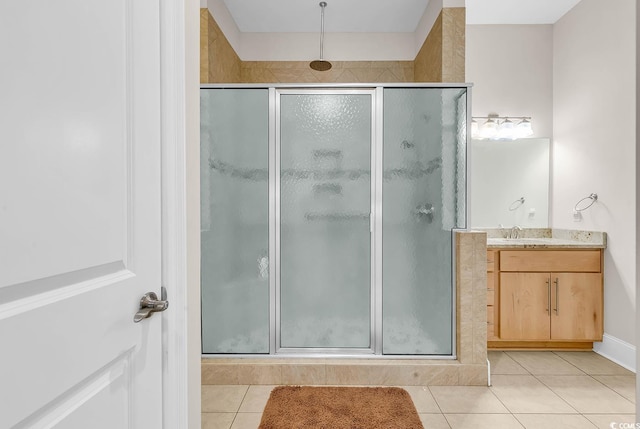 full bath with tile patterned floors, vanity, and a stall shower