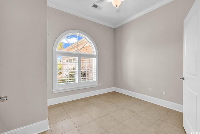 unfurnished room featuring light tile patterned floors, ceiling fan, crown molding, visible vents, and baseboards