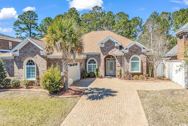 single story home with a front yard, decorative driveway, brick siding, an attached garage, and fence