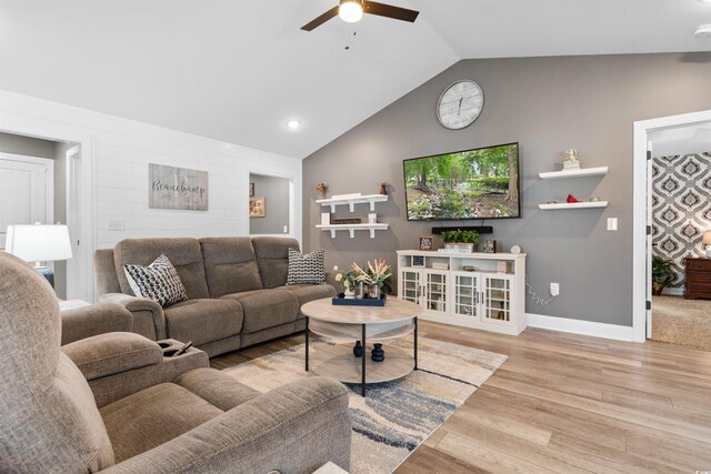 134 Winding Path Dr, Loris, SC 29569 - living room with a ceiling fan, wood finished floors, vaulted ceiling, and baseboards