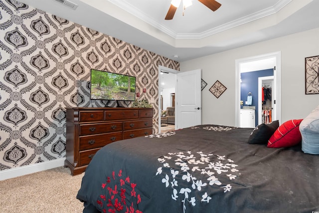 134 Winding Path Dr, Loris, SC 29569 - carpeted bedroom featuring ornamental molding, a tray ceiling, wallpapered walls, a ceiling fan, and baseboards