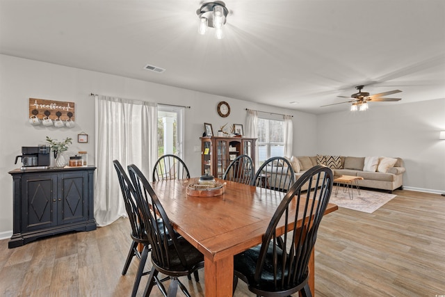 380 Harvest Ridge Way, Conway, SC 29527 - dining space featuring visible vents, light wood finished floors, ceiling fan, and baseboards