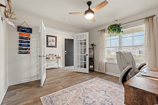 380 Harvest Ridge Way, Conway, SC 29527 - office area with ceiling fan, french doors, baseboards, wood finished floors, and visible vents