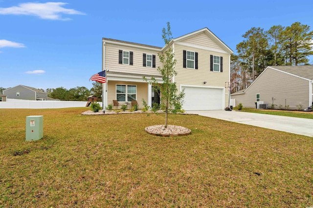 380 Harvest Ridge Way, Conway, SC 29527 - traditional home with driveway, central AC unit, fence, a front lawn, and an attached garage