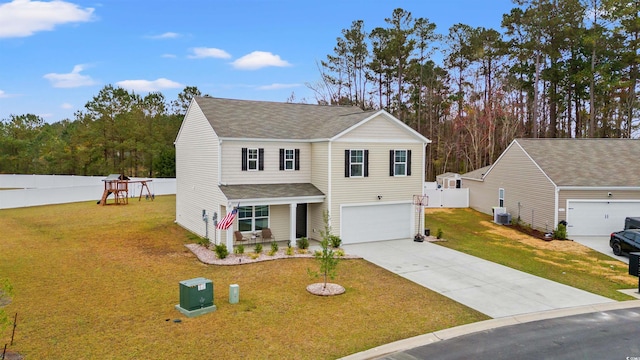 380 Harvest Ridge Way, Conway, SC 29527 - traditional-style home with driveway, central AC unit, a garage, a playground, and a shingled roof