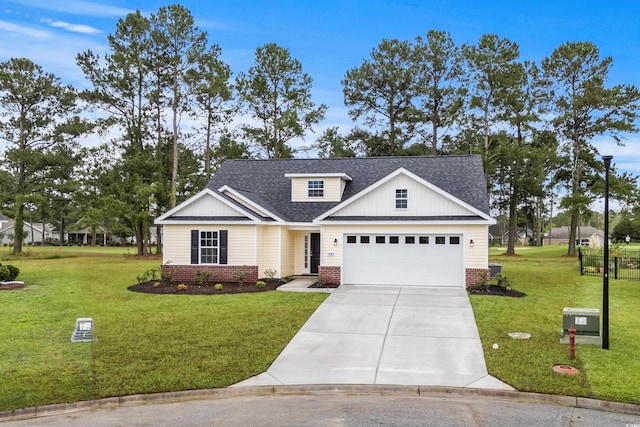 view of front of property featuring brick siding, an attached garage, a front yard, concrete driveway, and a shingled roof