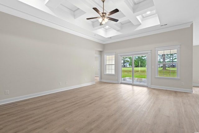 unfurnished room with crown molding, a ceiling fan, baseboards, beamed ceiling, and coffered ceiling
