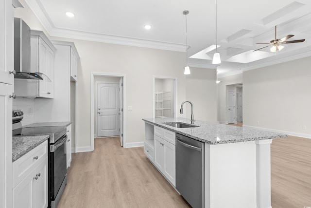 kitchen with electric range oven, dishwasher, a sink, wall chimney exhaust hood, and light wood-style flooring
