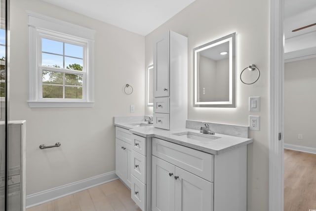 bathroom with baseboards, double vanity, and wood finished floors