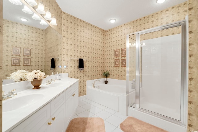 full bathroom featuring tile patterned floors, a stall shower, a garden tub, wallpapered walls, and double vanity