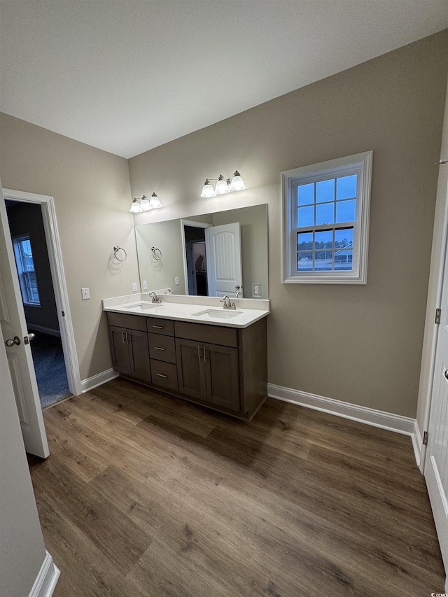 full bathroom with double vanity, wood finished floors, baseboards, and a sink