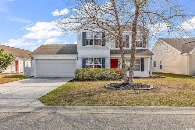 2629 Scarecrow Way, Myrtle Beach, SC 29579 - view of front of property featuring a garage, concrete driveway, a front yard, and central AC unit