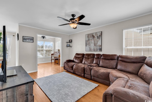 2629 Scarecrow Way, Myrtle Beach, SC 29579 - living room with a ceiling fan, light wood-style flooring, ornamental molding, and baseboards