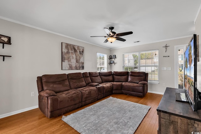 2629 Scarecrow Way, Myrtle Beach, SC 29579 - living area with hardwood / wood-style floors, a ceiling fan, baseboards, and crown molding