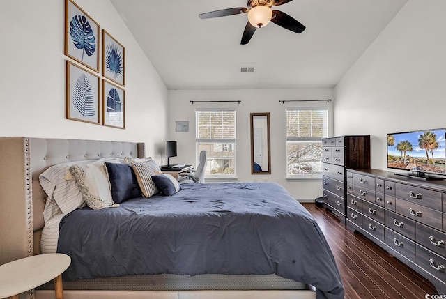 2629 Scarecrow Way, Myrtle Beach, SC 29579 - bedroom featuring lofted ceiling, dark wood-type flooring, and a ceiling fan