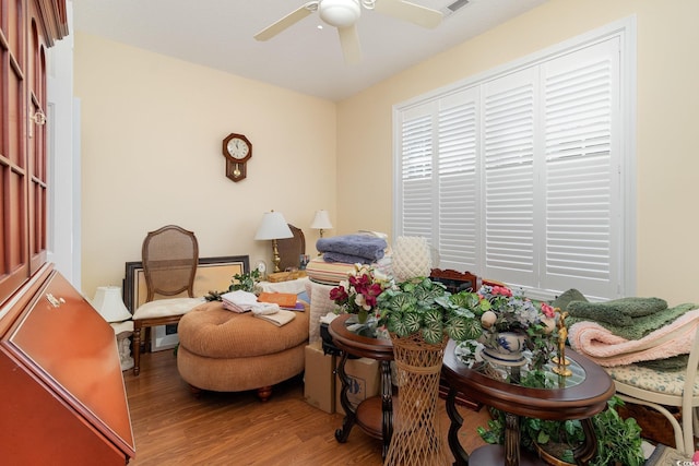 living area featuring a ceiling fan and wood finished floors