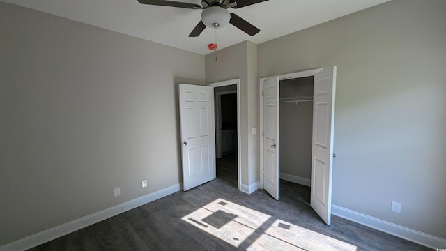 3566 Steamer Trace Rd, Conway, SC 29527 - unfurnished bedroom featuring a closet, baseboards, dark wood-type flooring, and a ceiling fan