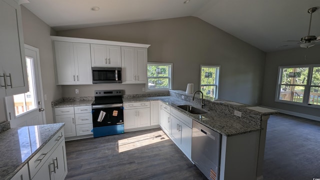 3566 Steamer Trace Rd, Conway, SC 29527 - kitchen with stainless steel appliances, a sink, vaulted ceiling, a peninsula, and healthy amount of natural light