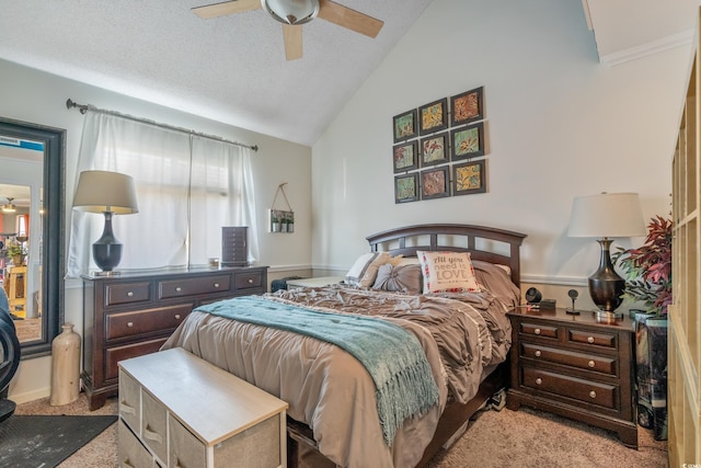 bedroom with a textured ceiling, lofted ceiling, a ceiling fan, and light carpet