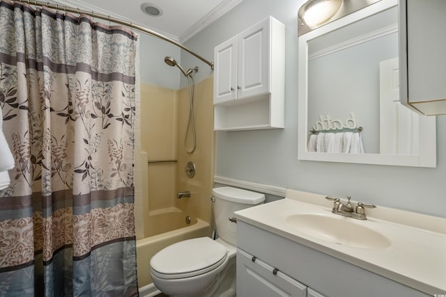 bathroom with vanity, shower / bath combination with curtain, toilet, and ornamental molding