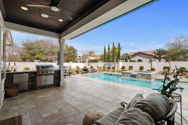 view of pool featuring a patio area, a ceiling fan, area for grilling, grilling area, and a fenced backyard