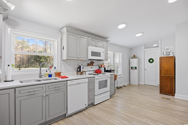 kitchen with light wood-type flooring, gray cabinetry, a sink, white appliances, and light countertops