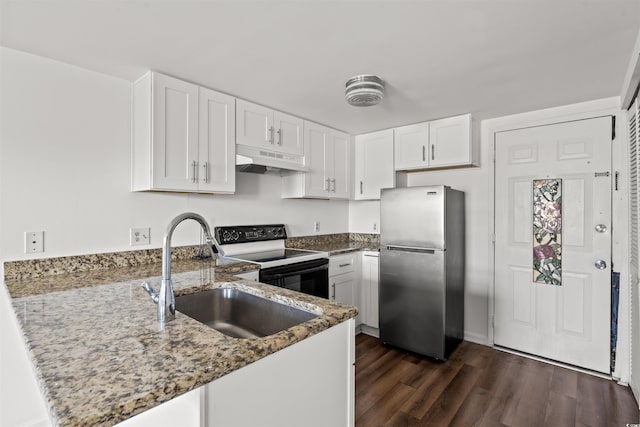 6850 Blue Heron Blvd Unit 205, Myrtle Beach, SC 29588 - kitchen featuring range with electric cooktop, under cabinet range hood, freestanding refrigerator, stone countertops, and a sink