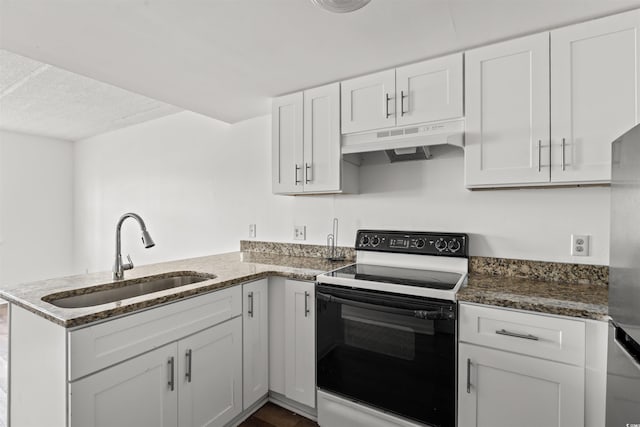 6850 Blue Heron Blvd Unit 205, Myrtle Beach, SC 29588 - kitchen featuring a peninsula, a sink, electric stove, under cabinet range hood, and white cabinetry
