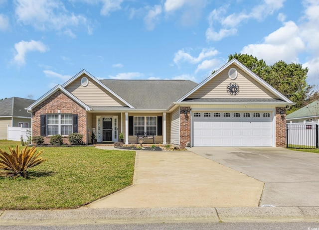 ranch-style home featuring fence, brick siding, and concrete driveway
