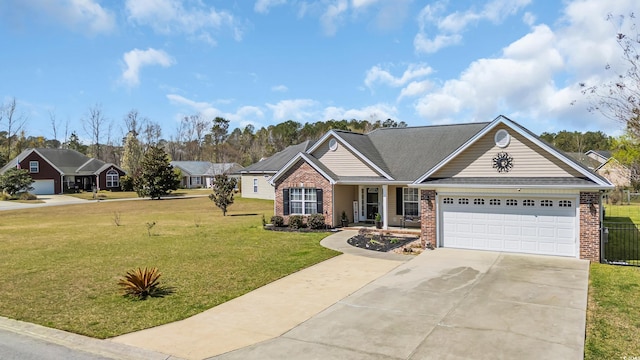single story home featuring brick siding, driveway, an attached garage, and a front lawn