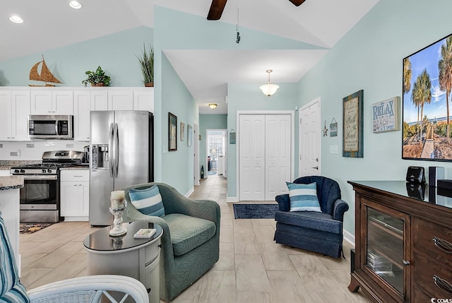 4350 Grande Harbour Blvd, Little River, SC 29566 - living room featuring lofted ceiling, a ceiling fan, baseboards, and recessed lighting
