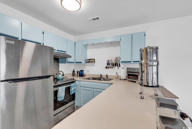 500 Fairway Village Dr Unit 7-D, Myrtle Beach, SC 29588 - kitchen featuring stainless steel appliances, blue cabinets, a sink, and under cabinet range hood